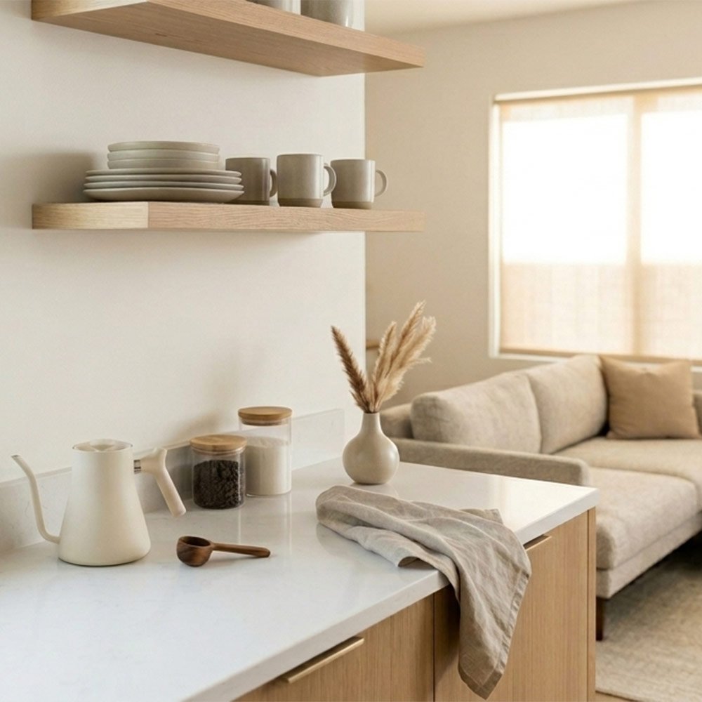 Small kitchen appliance reviews — cozy counter with compact kettle and mugs