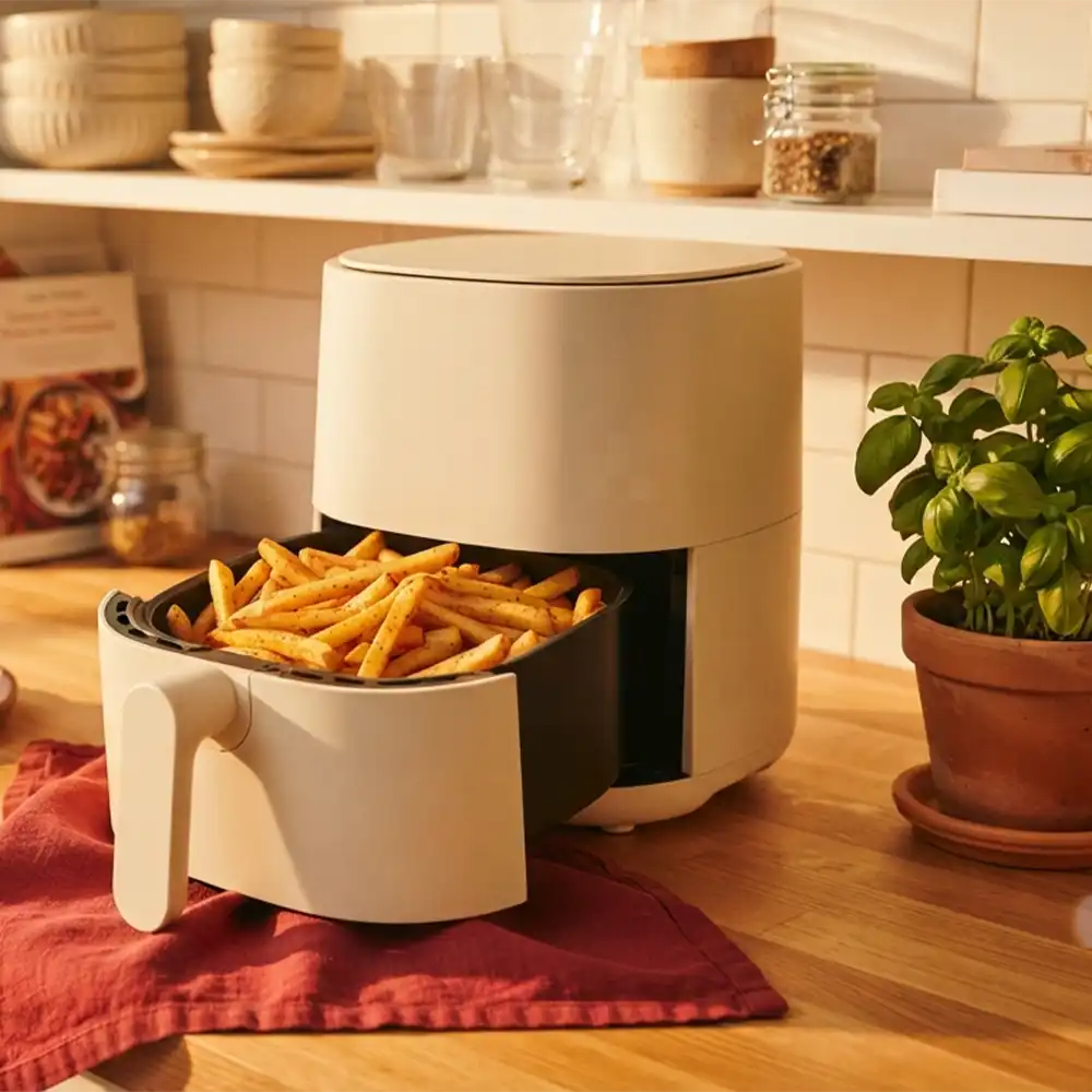 Is an air fryer worth it? Compact air fryer with crispy food on a small kitchen counter
