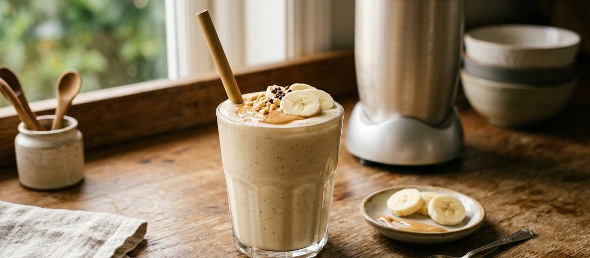 Banana peanut butter smoothie in a glass on a kitchen counter