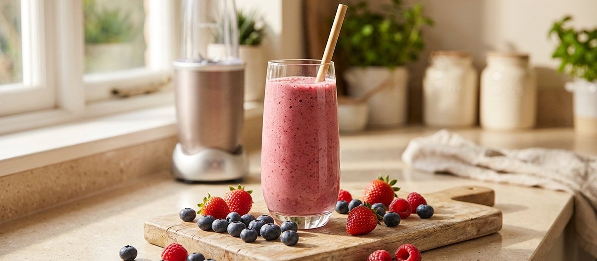 Mixed berry yogurt smoothie in a glass on a countertop