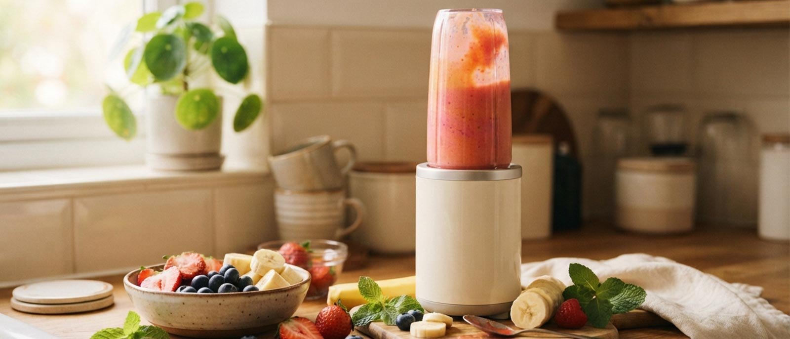 Best Compact personal blender making a smoothie on a small kitchen counter