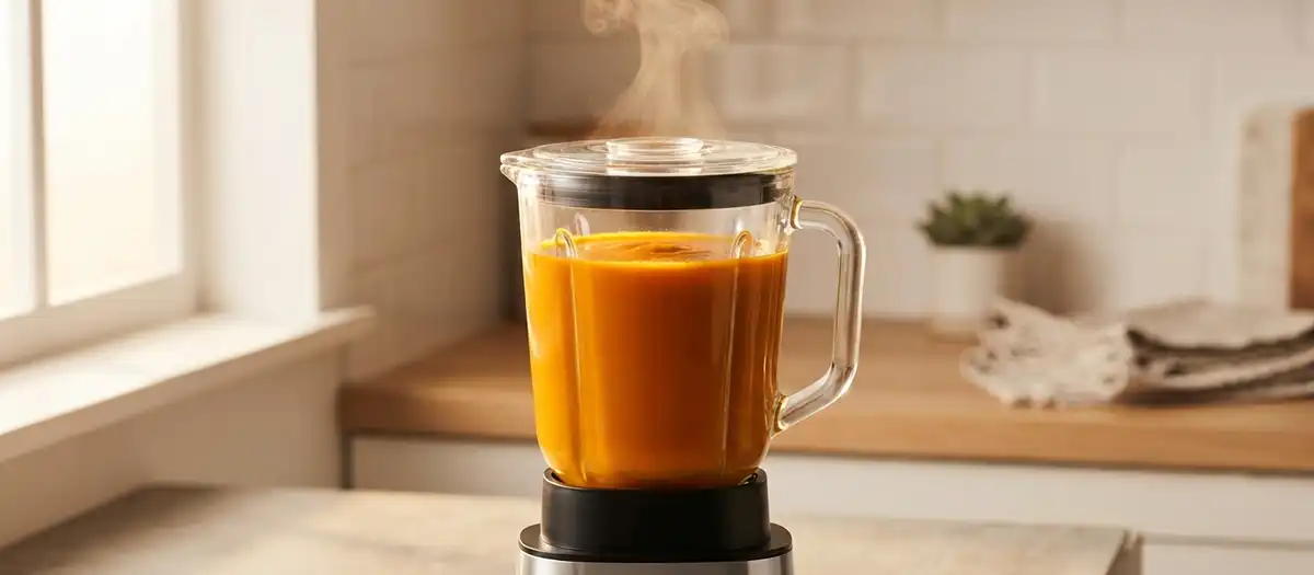 Steam rising from a blender jar filled with hot soup