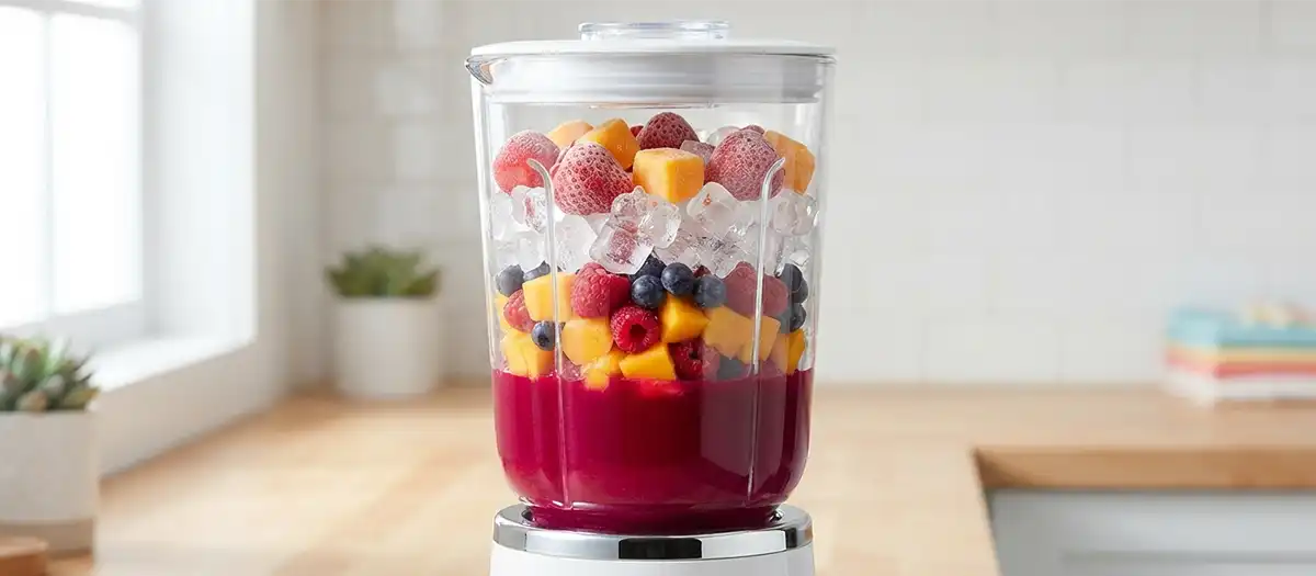 Smoothie ingredients layered in a blender jar with liquid at the bottom