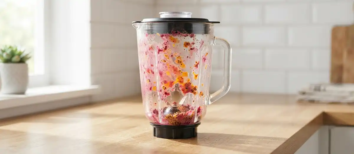 Blender jar left unwashed with dried smoothie residue