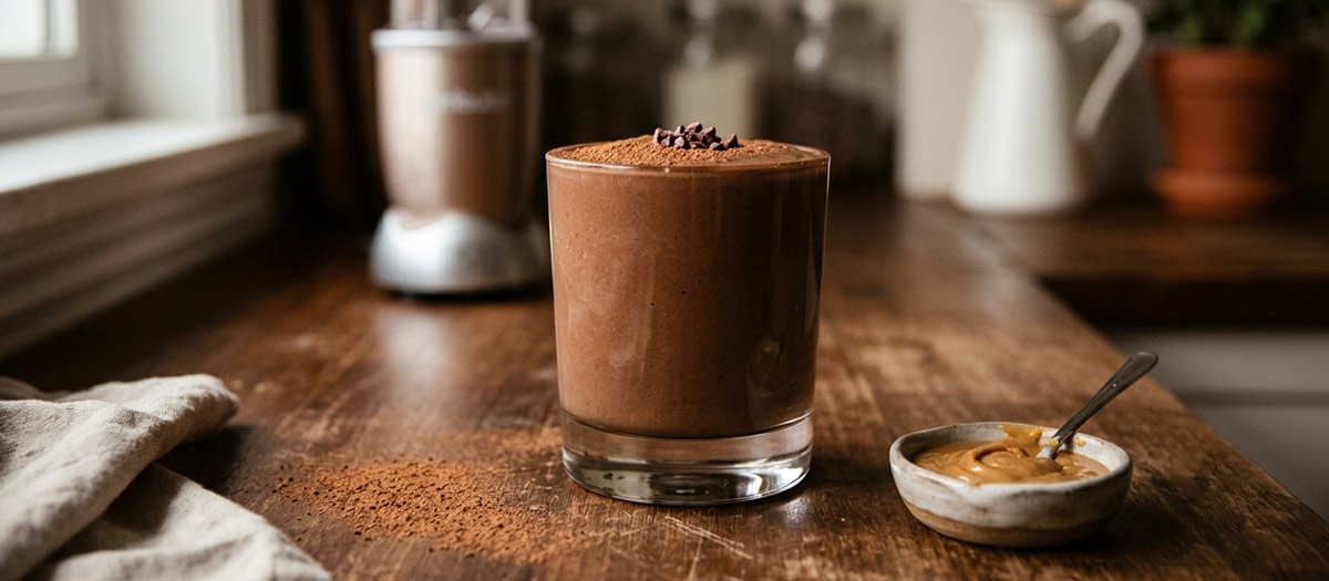 Chocolate peanut butter protein smoothie in a glass