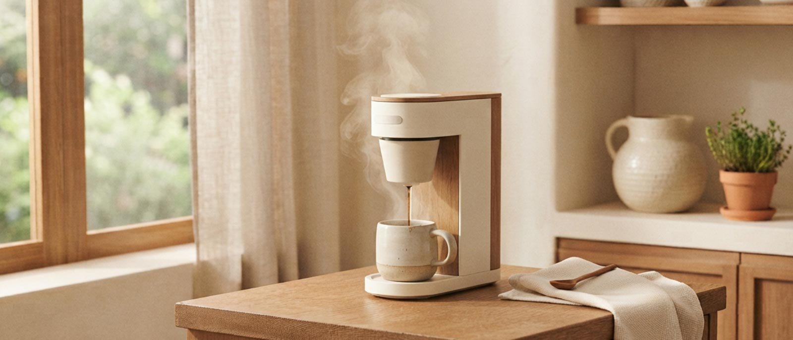 Slim coffee maker brewing coffee on a small kitchen counter