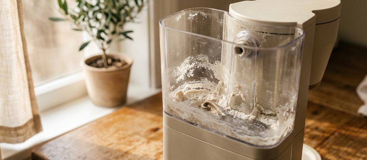 Coffee maker reservoir with visible mineral buildup and limescale