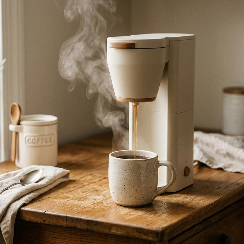 Coffee maker brewing a fresh cup on a small kitchen counter