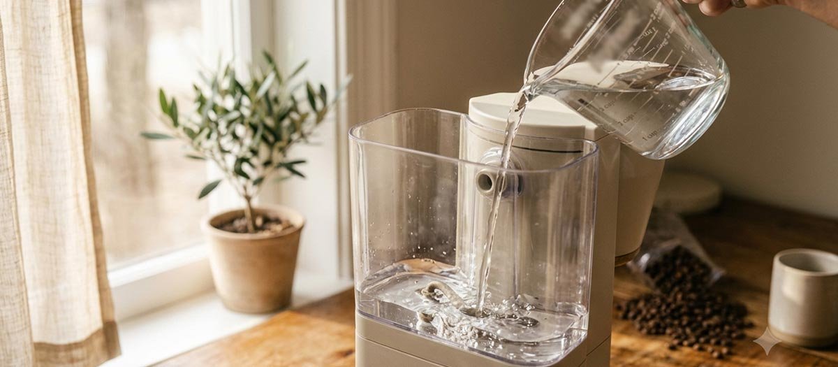 Glass of tap water being poured into a coffee maker reservoir