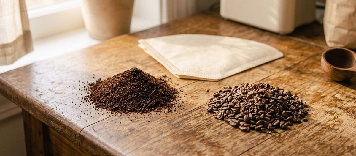 Coffee grounds of the wrong texture next to a coffee maker filter