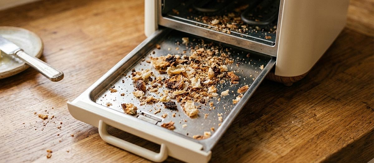 Toaster crumb tray with built-up crumbs
