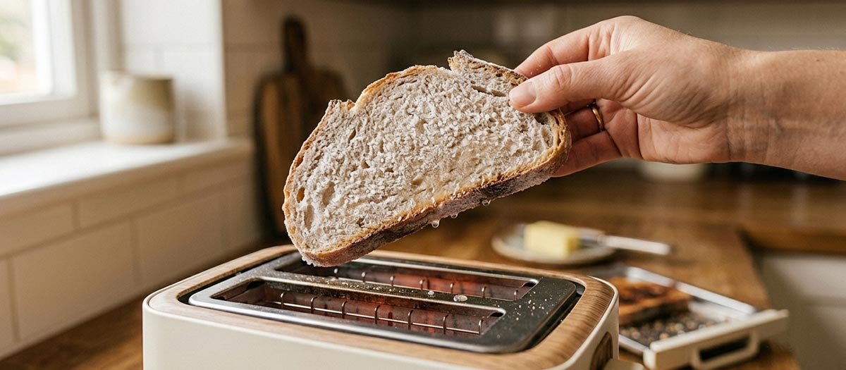 Frozen bread slice being placed into a toaster