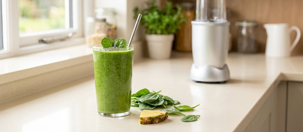 Green spinach pineapple smoothie in a glass