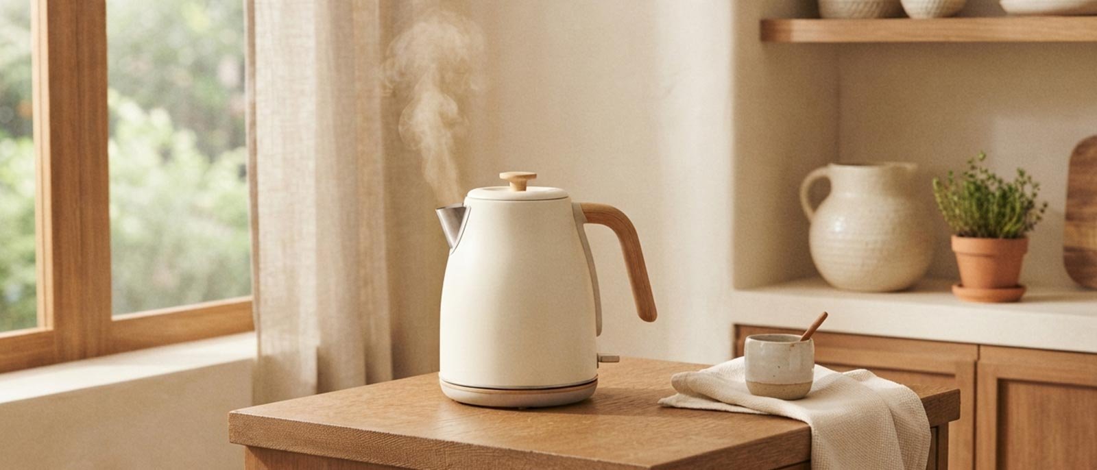 Compact electric kettle boiling on a small kitchen counter