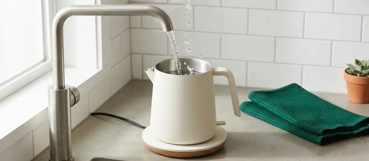 Tap water being poured into an electric kettle