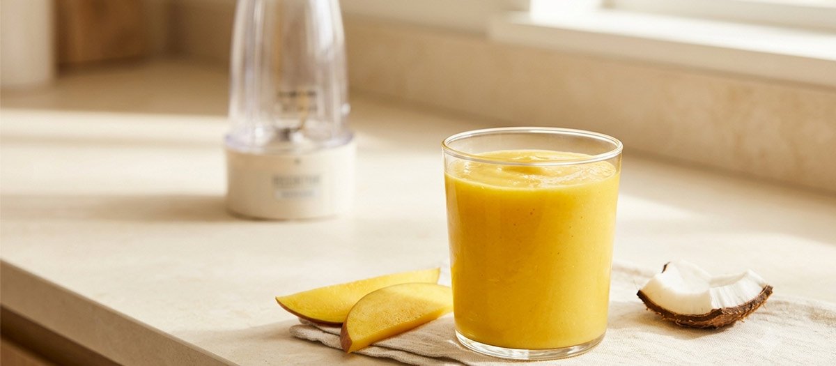 Tropical mango coconut smoothie in a glass