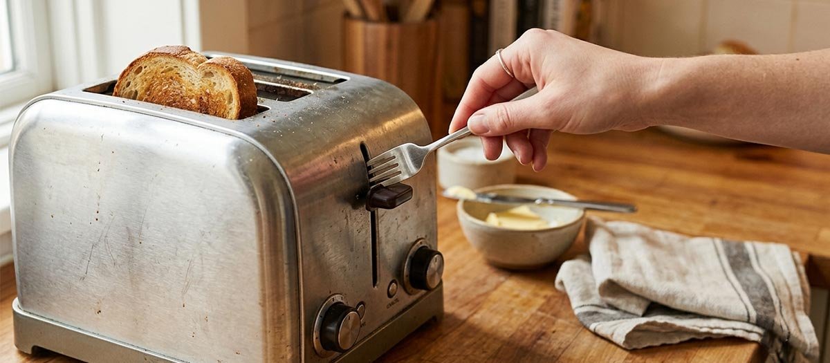 Metal fork being used to remove toast from a toaster, a common safety mistake