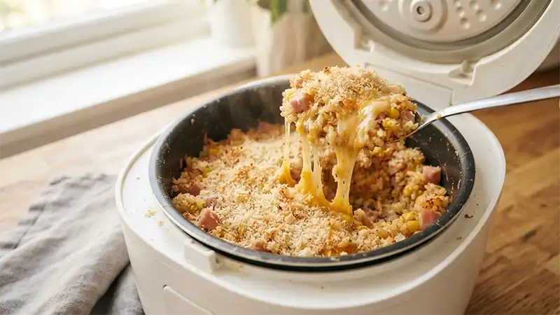 Cheesy rice bake made in a rice cooker