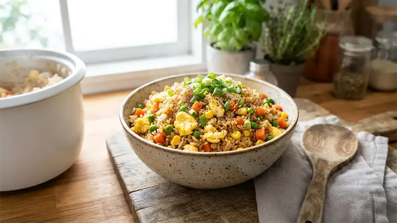 Fried rice with egg and vegetables made in a rice cooker