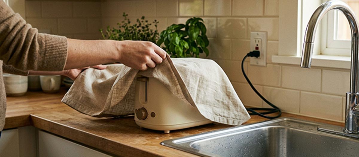 Toaster left uncovered gathering dust on kitchen counter